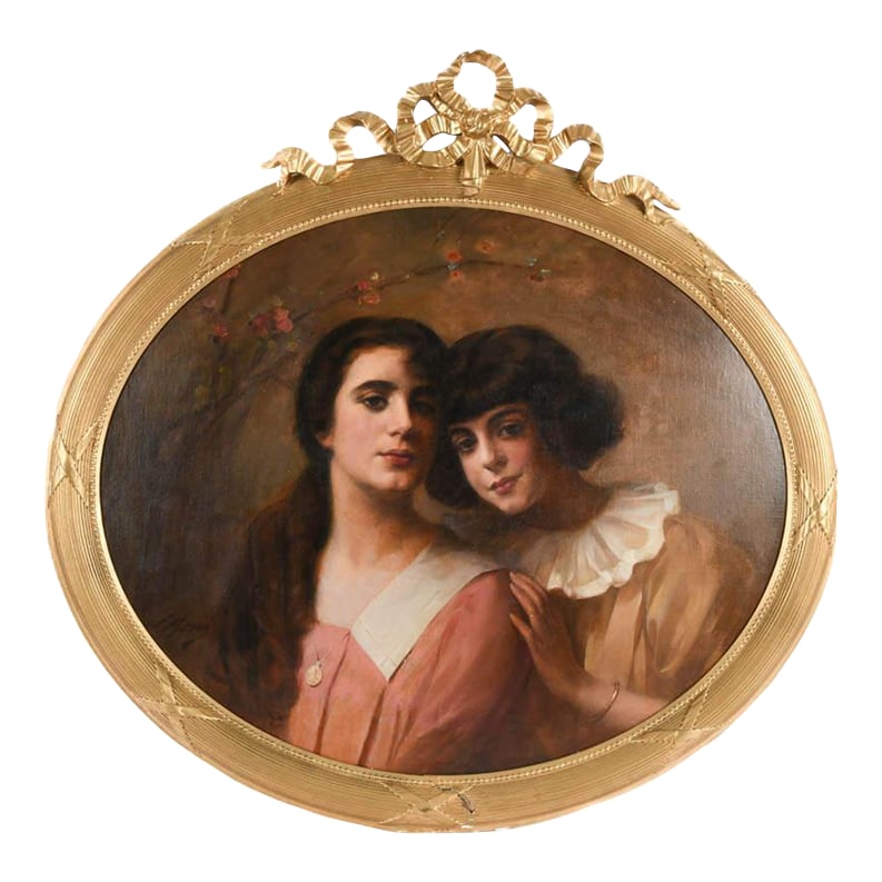 Early 20th Century Framed Signed Louis Boni "Muchachas" Oil on Canvas on Board: Step into a world of elegance and quiet intimacy with Petals and Secrets, a framed and signed paint on board portrait by Louis Boni. This beautifully rendered piece captures two young women in a