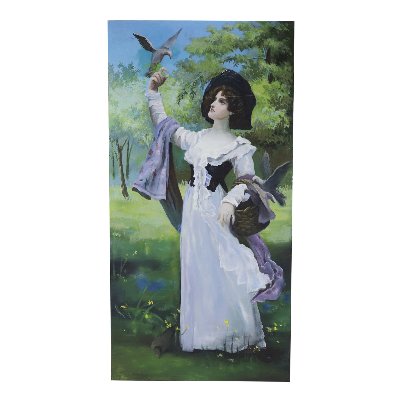 Large Hand-Painted Portrait Painting of Lady With Dove in Pastoral Landscape: This striking, large-scale hand-painted portrait features a refined young lady in a flowing white dress, posed gracefully in a lush green landscape. Dressed in period Neoclassical fashion, she is show