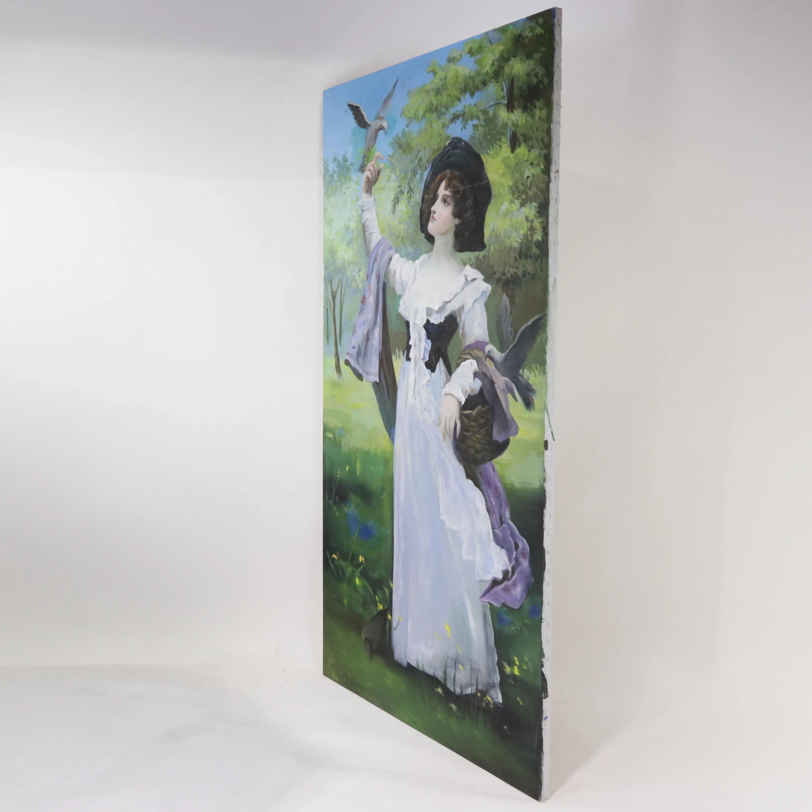 Large Hand-Painted Portrait Painting of Lady With Dove in Pastoral Landscape - 2