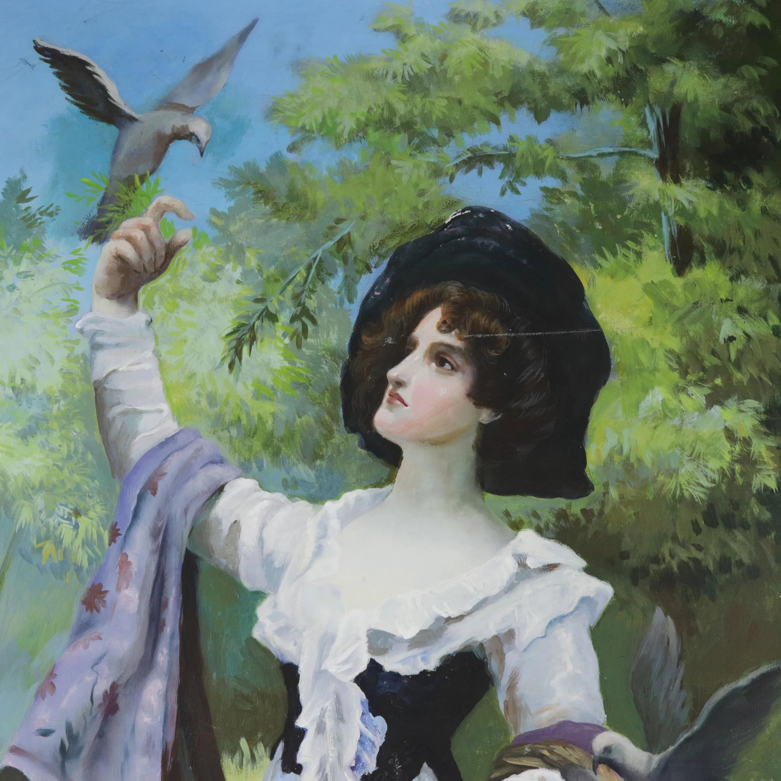 Large Hand-Painted Portrait Painting of Lady With Dove in Pastoral Landscape - 3