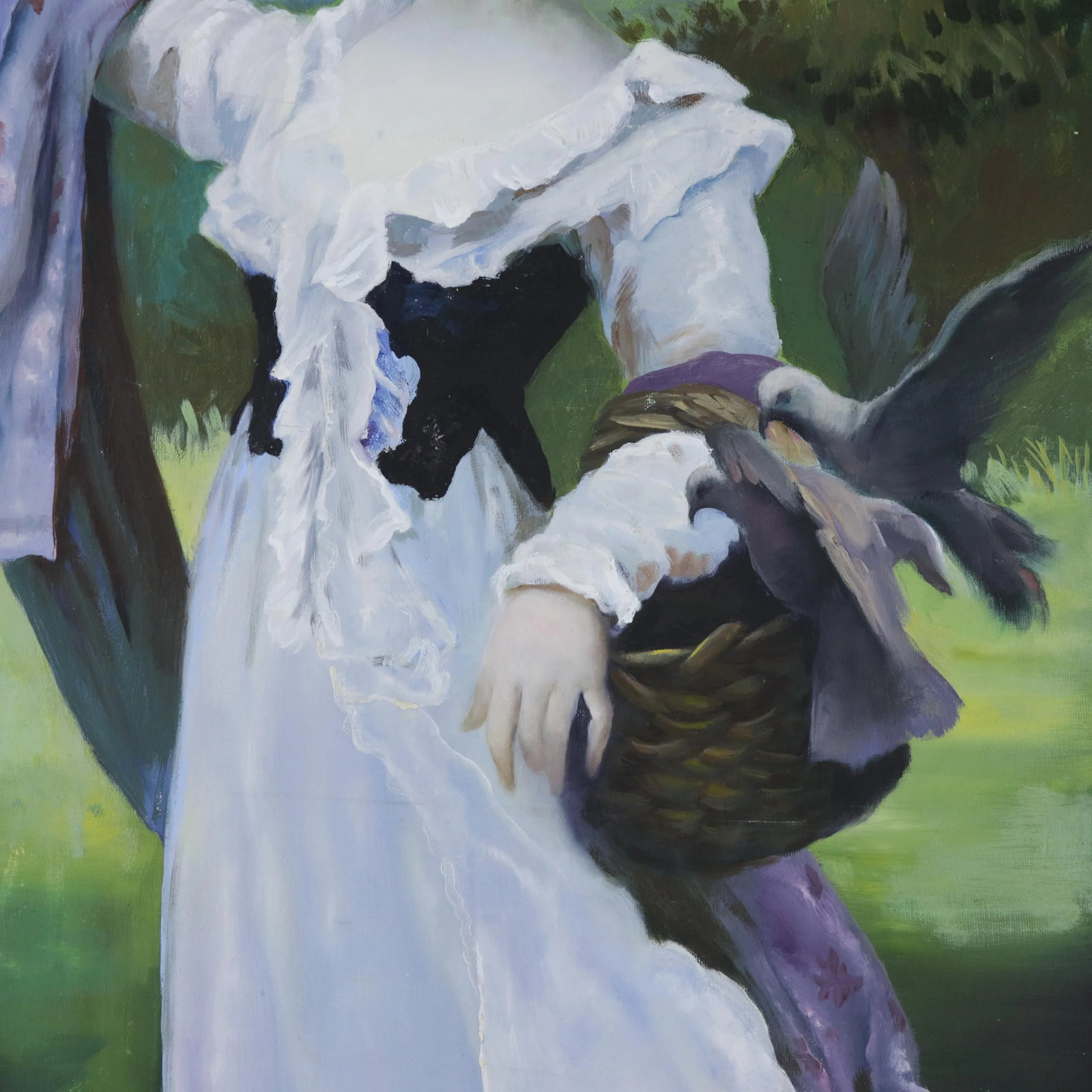 Large Hand-Painted Portrait Painting of Lady With Dove in Pastoral Landscape - 4