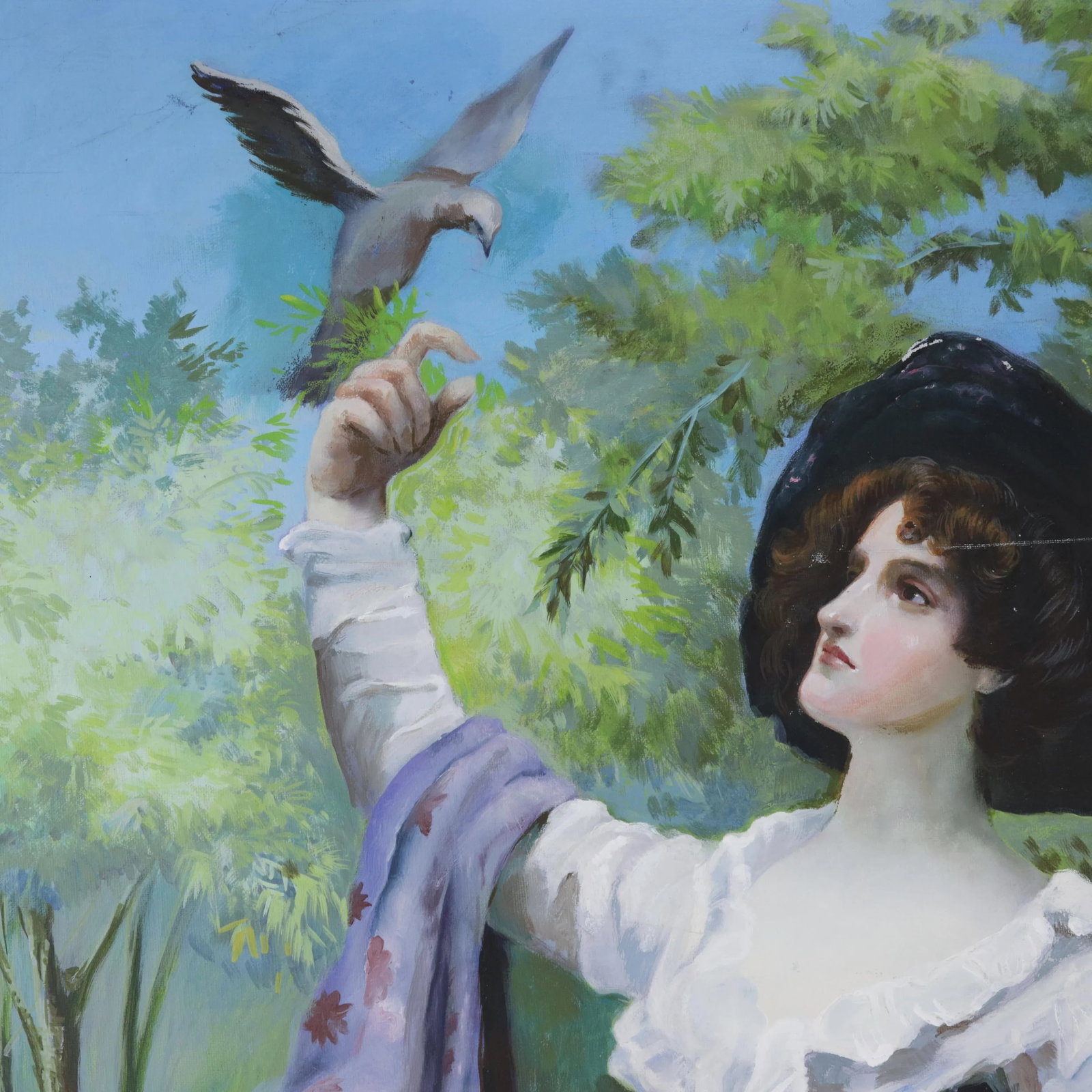 Large Hand-Painted Portrait Painting of Lady With Dove in Pastoral Landscape - 6
