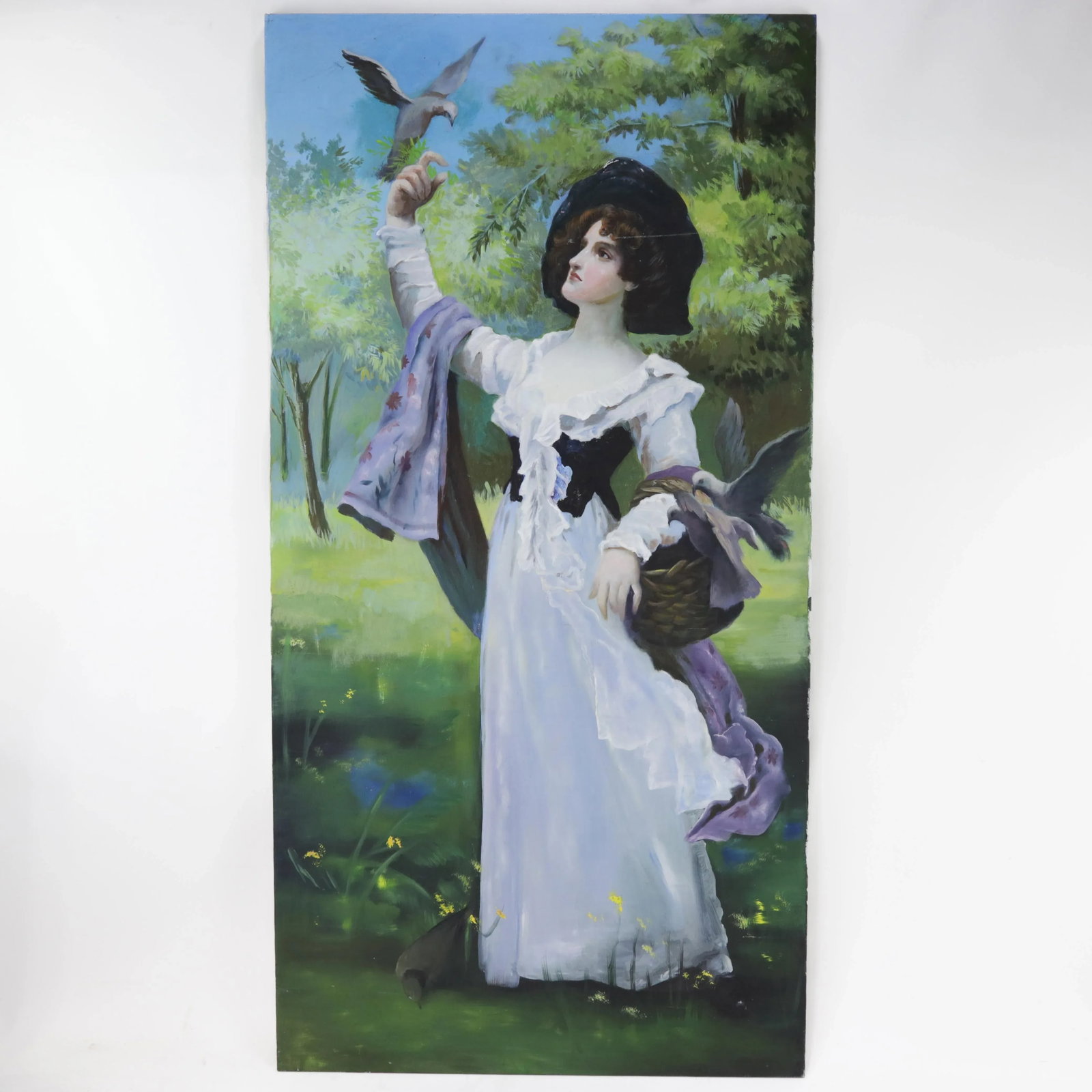 Large Hand-Painted Portrait Painting of Lady With Dove in Pastoral Landscape - 8