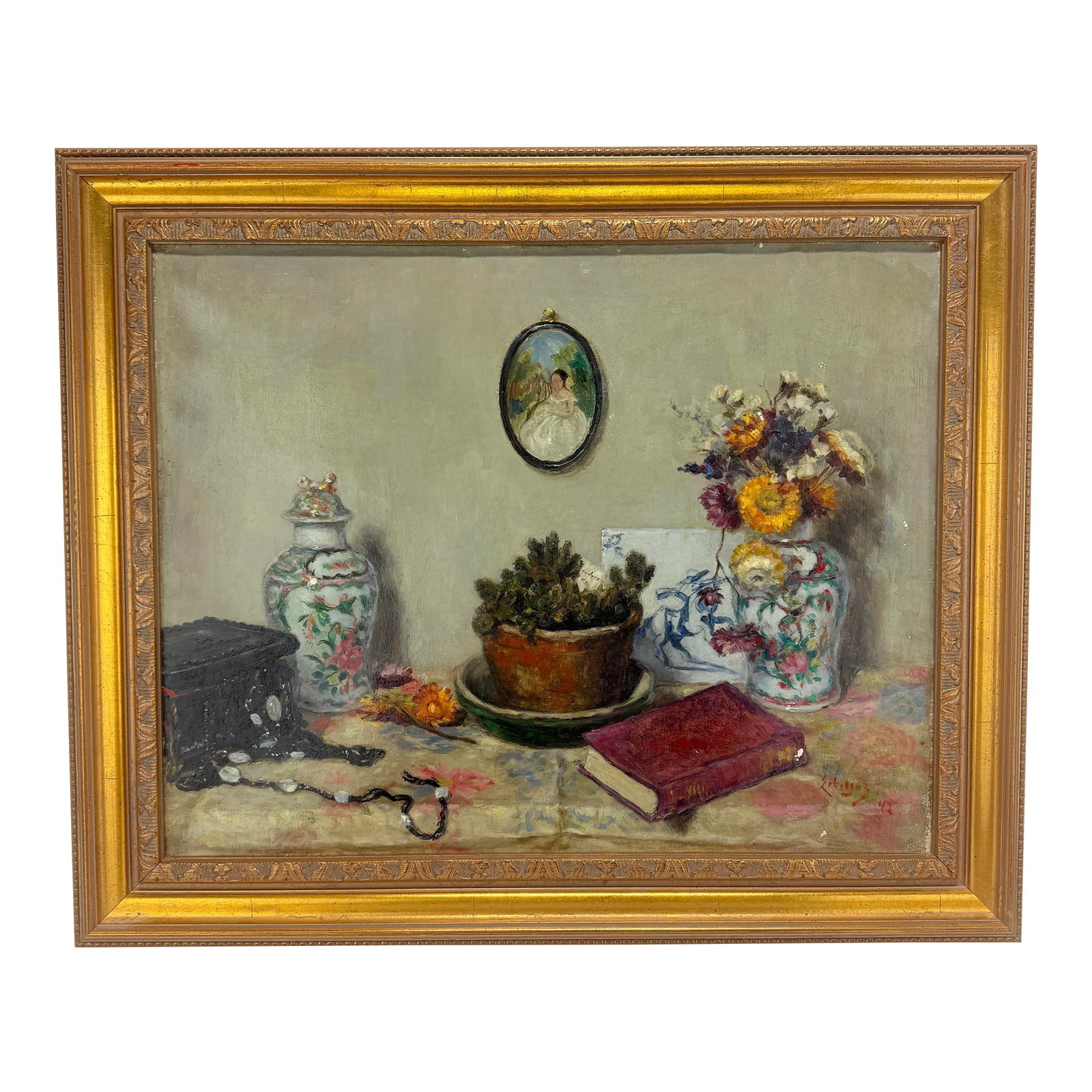 Interior Still Life With Porcelain Vases, Miniature Portrait and Virtue, 1942: A finely executed mid-20th century still life oil painting on canvas, signed and dated lower right by an unidentified hand and dated 1942. The composition centers around a richly detailed tabletop tab