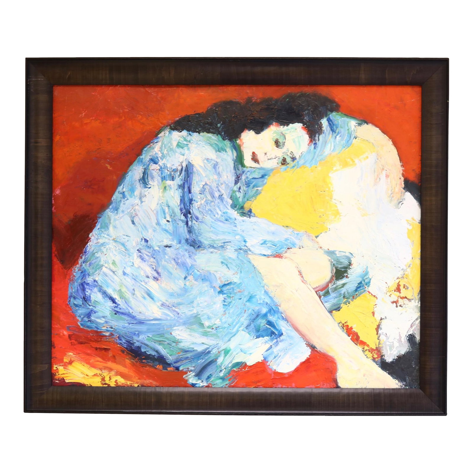 Midcentury French Portrait: French portrait of a woman by Anna Costa. Acrylic on wood panel. Costa painted from the 1950s until the 1970s in the Cavaillon area of Provence, France. Purchased from the artist's estate. Displayed i