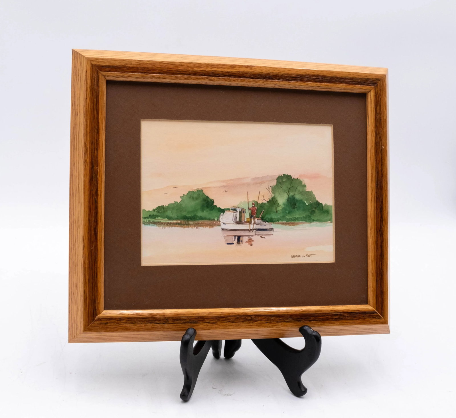 Pair of Nautical Watercolor Boats Fishing Paintings Signed George D Post - 3