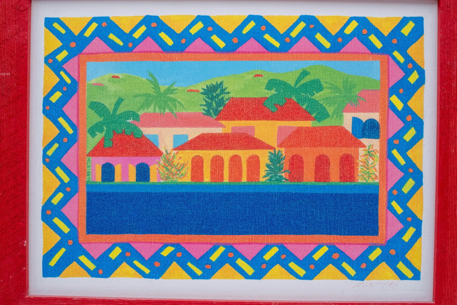 Pair of Tropical Caribbean Paintings "Red House & Bananas" and a Village (Untitled) Signed - 14