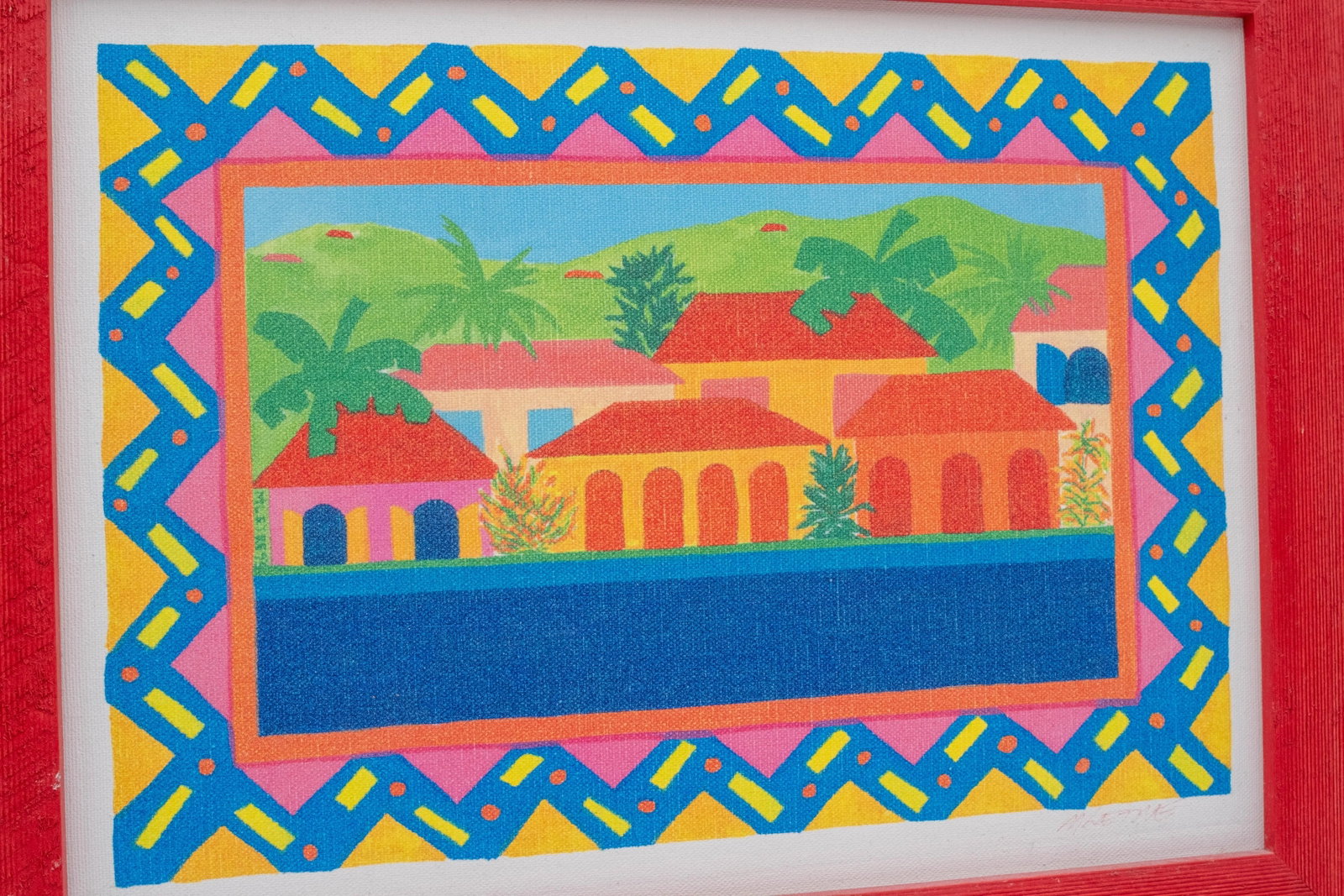 Pair of Tropical Caribbean Paintings "Red House & Bananas" and a Village (Untitled) Signed - 17