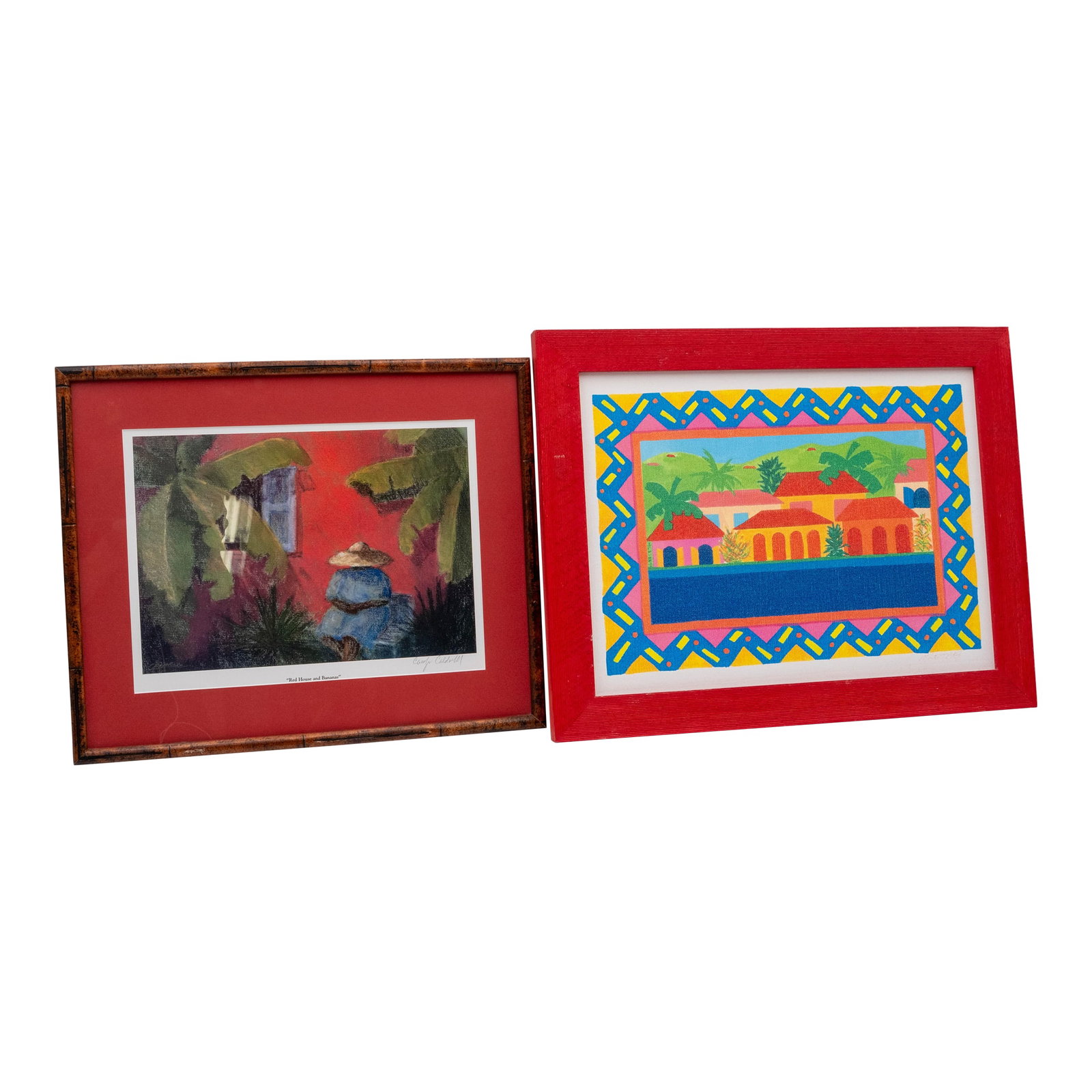 Pair of Tropical Caribbean Paintings "Red House & Bananas" and a Village (Untitled) Signed: Age: approx 30 years old Details: Red House is signed Carolyn Caldwell (listed dimensions are for this). Carolyn Caldwell (1950-2019) was born in California and because her father was in the Army,