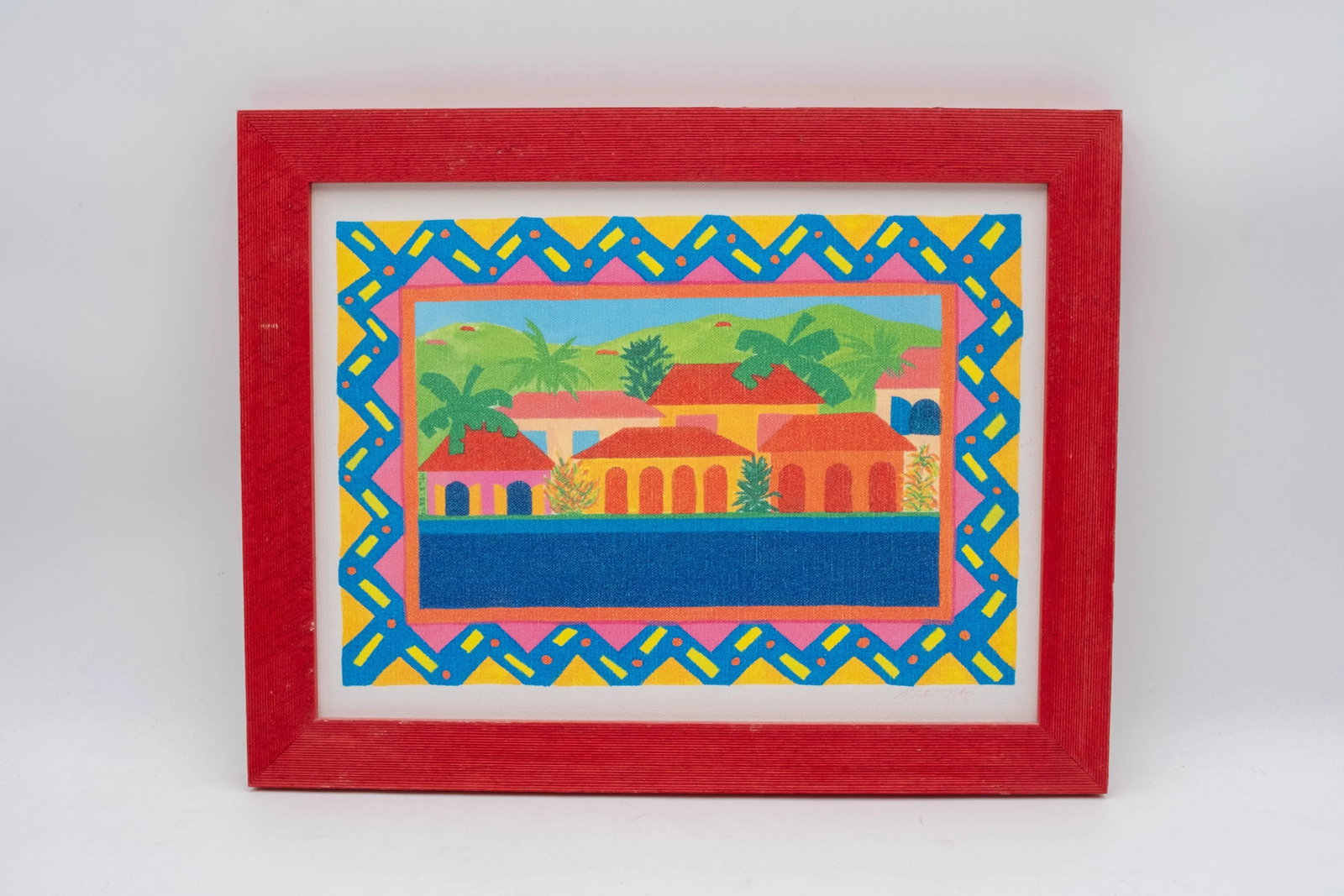 Pair of Tropical Caribbean Paintings "Red House & Bananas" and a Village (Untitled) Signed - 2