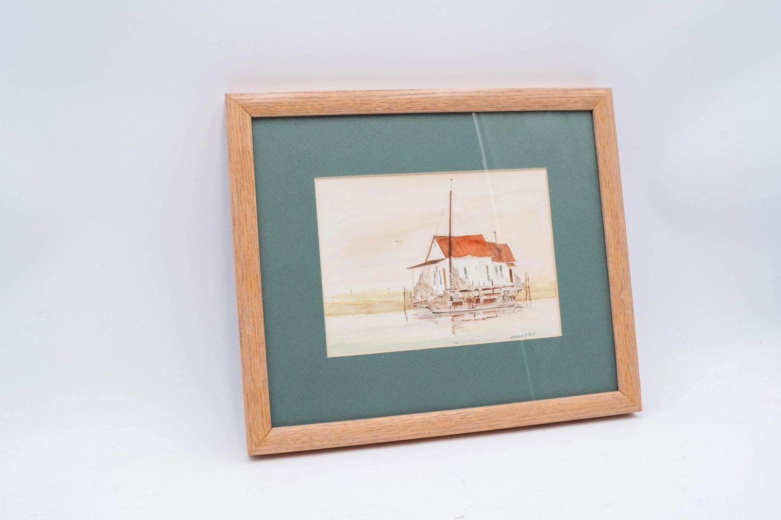 Pair of Nautical Watercolor Stilt Homes Sailboats Paintings Signed George D Post - 3