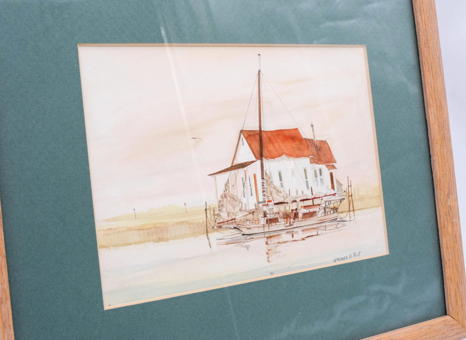 Pair of Nautical Watercolor Stilt Homes Sailboats Paintings Signed George D Post - 7