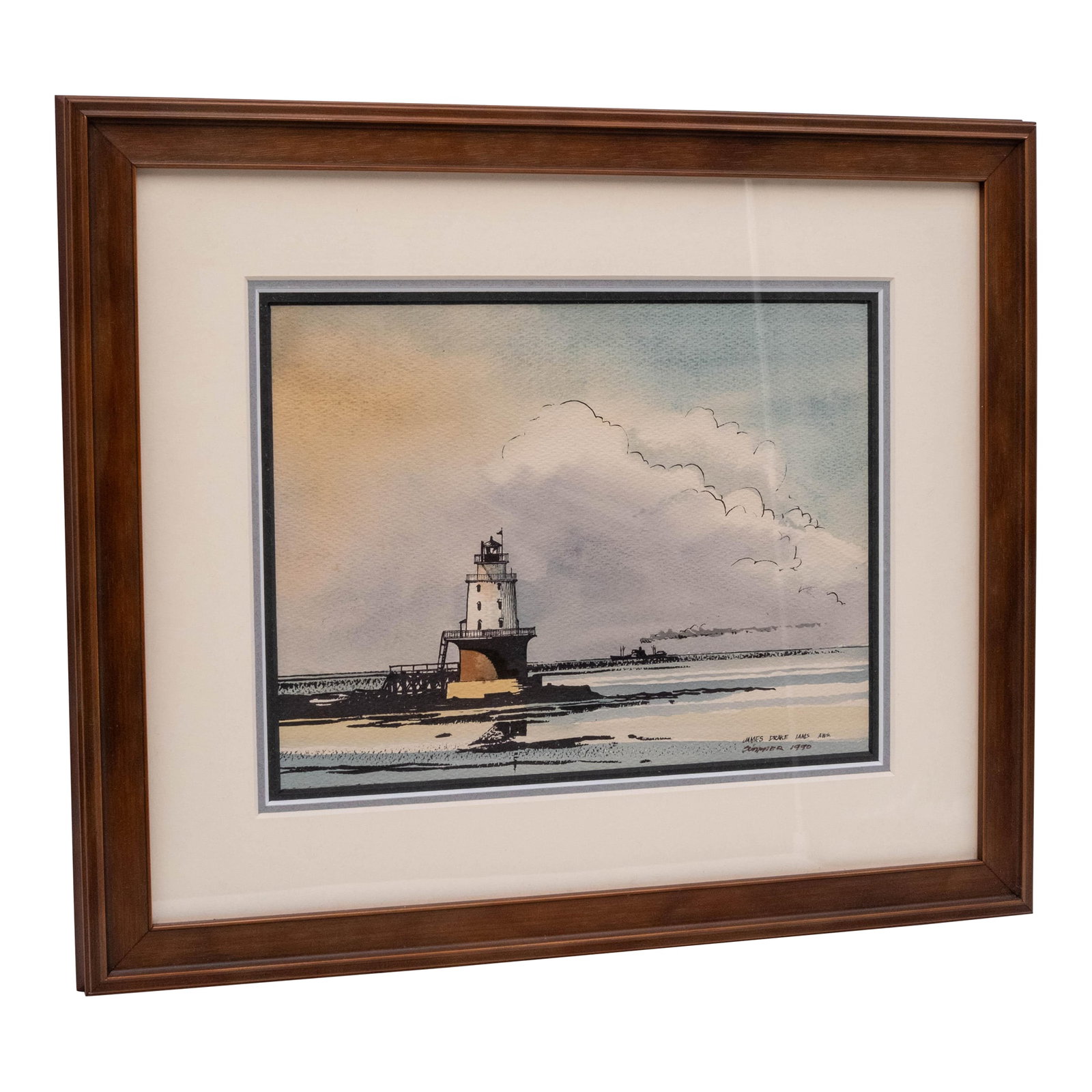 Lighthouse Ocean Nautical Watercolor Painting Signed James Drake Iams: Age: c1990 Details: Detailed art piece depicting a lighthouse and fishing boat in the distance. James Drake Iams has been painting the Chesapeake Bay since the mid 1950's, and he has recorded his obse