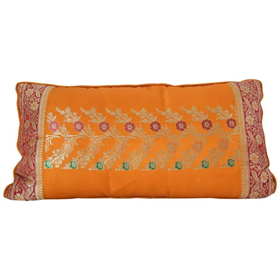 Silk Pillow Custom Made from a Wedding Orange Sari, India - 11