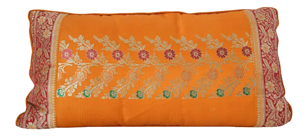 Silk Pillow Custom Made from a Wedding Orange Sari, India: Custom made lumbar silk pillow made from a wedding silk sari in orange, fushia, gold and green colors. Decorative twisted trims all around. Luxury Rajasthan Mughal style decorative lumbar pillow.