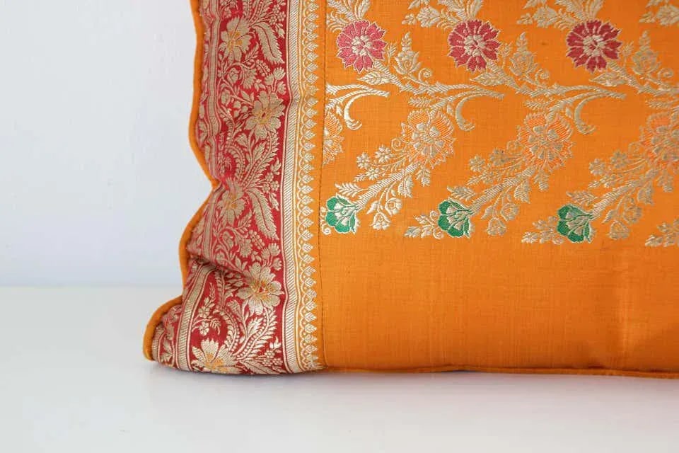 Silk Pillow Custom Made from a Wedding Orange Sari, India - 3