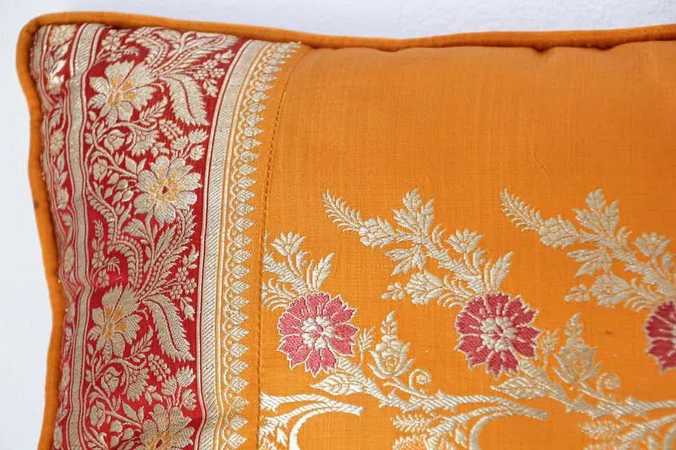 Silk Pillow Custom Made from a Wedding Orange Sari, India - 4