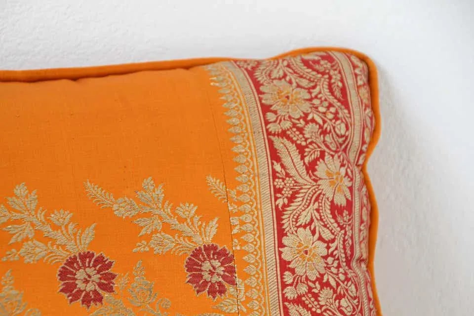 Silk Pillow Custom Made from a Wedding Orange Sari, India - 7
