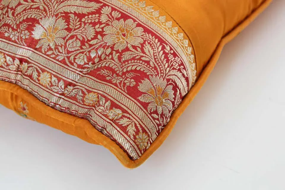 Silk Pillow Custom Made from a Wedding Orange Sari, India - 9