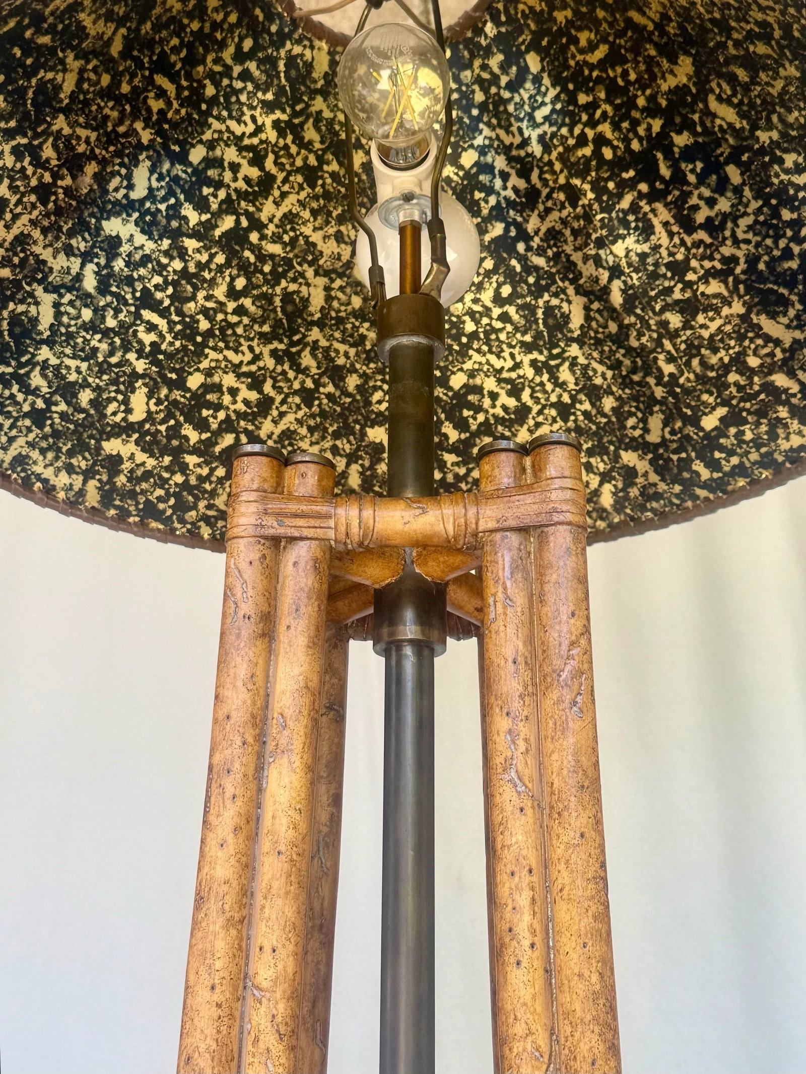 Vintage Maitland-Smith Faux Bamboo and Brass Floor Lamp With Faux Tortoiseshell Lined Leather Shade - 5