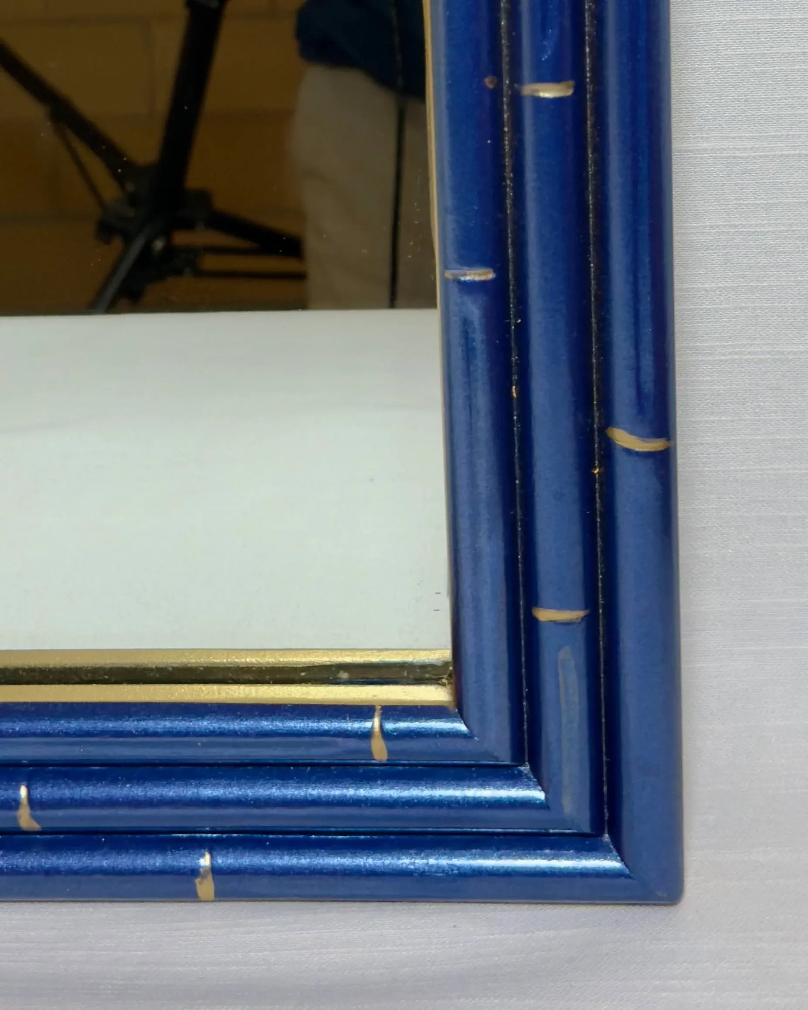 Vintage Palm Beach Regency Medium Faux Bamboo Wall Mirror Newly Painted Blue With Hand Gilt Accents - 10