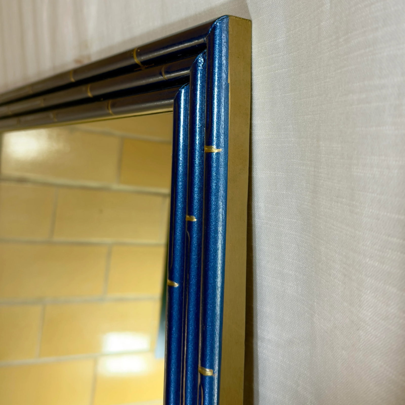 Vintage Palm Beach Regency Medium Faux Bamboo Wall Mirror Newly Painted Blue With Hand Gilt Accents - 12