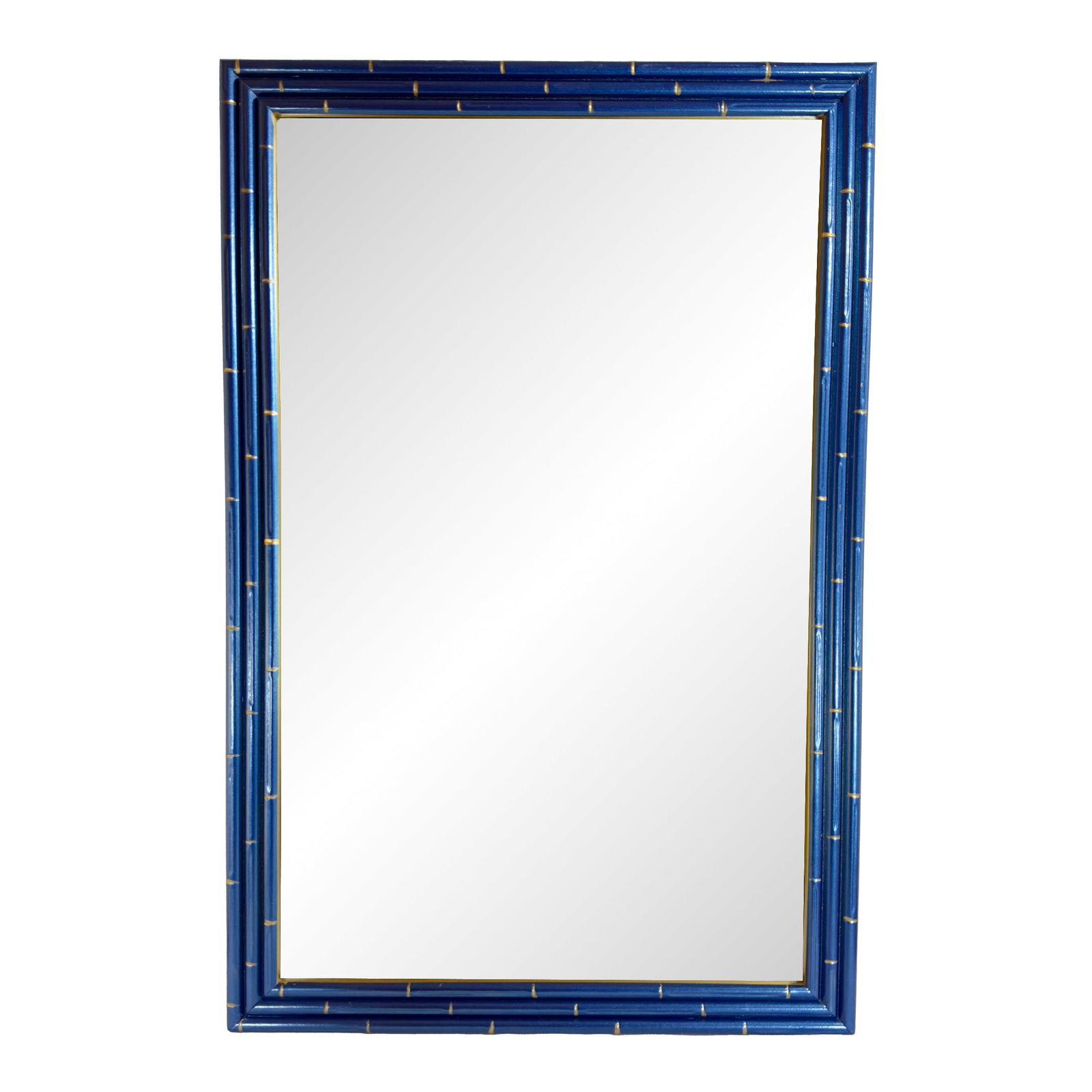Vintage Palm Beach Regency Medium Faux Bamboo Wall Mirror Newly Painted Blue With Hand Gilt Accents: ****We have two sizes available. See our other listing for larger size. Introducing the Vintage Faux Bamboo Wall Mirror, a stunning addition to your decor that combines timeless elegance with a modern