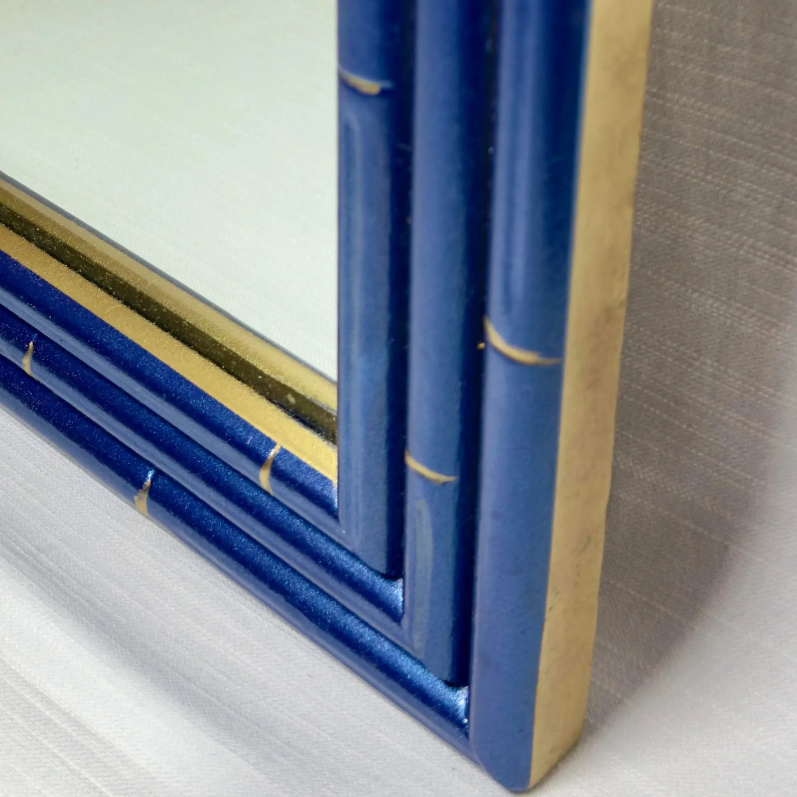 Vintage Palm Beach Regency Medium Faux Bamboo Wall Mirror Newly Painted Blue With Hand Gilt Accents - 4