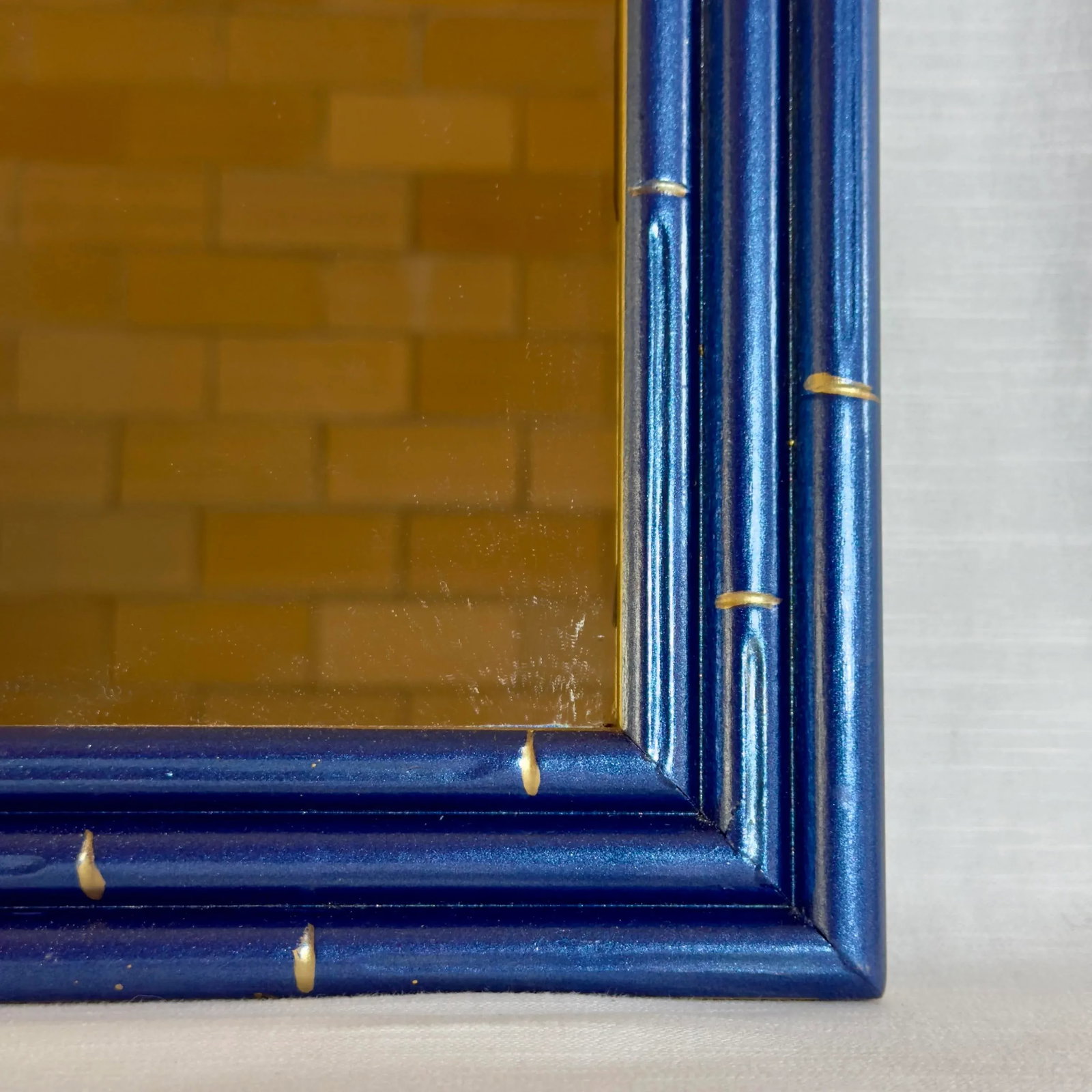 Vintage Palm Beach Regency Medium Faux Bamboo Wall Mirror Newly Painted Blue With Hand Gilt Accents - 5