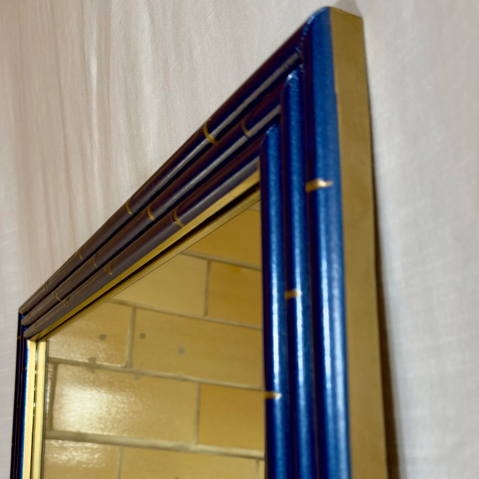 Vintage Palm Beach Regency Medium Faux Bamboo Wall Mirror Newly Painted Blue With Hand Gilt Accents - 6