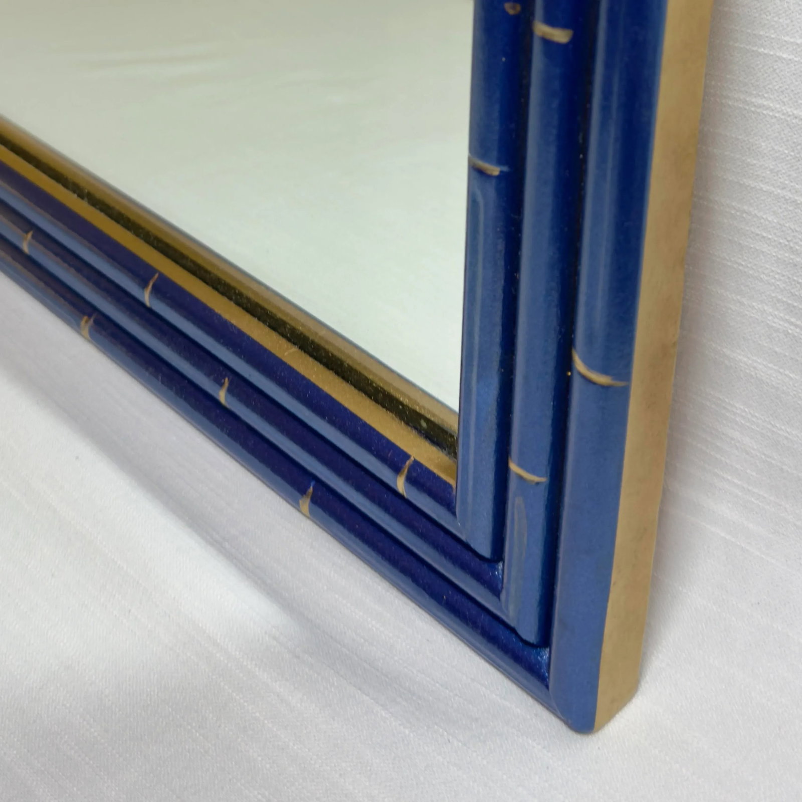 Vintage Palm Beach Regency Medium Faux Bamboo Wall Mirror Newly Painted Blue With Hand Gilt Accents - 7