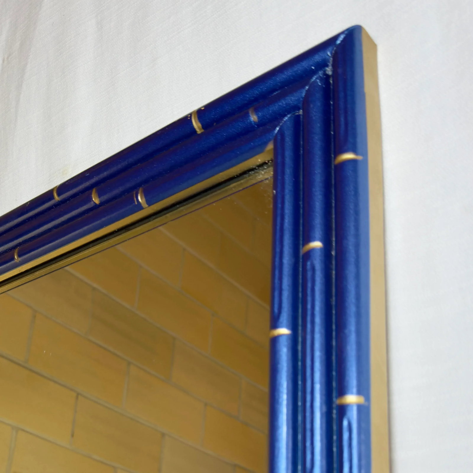 Vintage Palm Beach Regency Medium Faux Bamboo Wall Mirror Newly Painted Blue With Hand Gilt Accents - 8