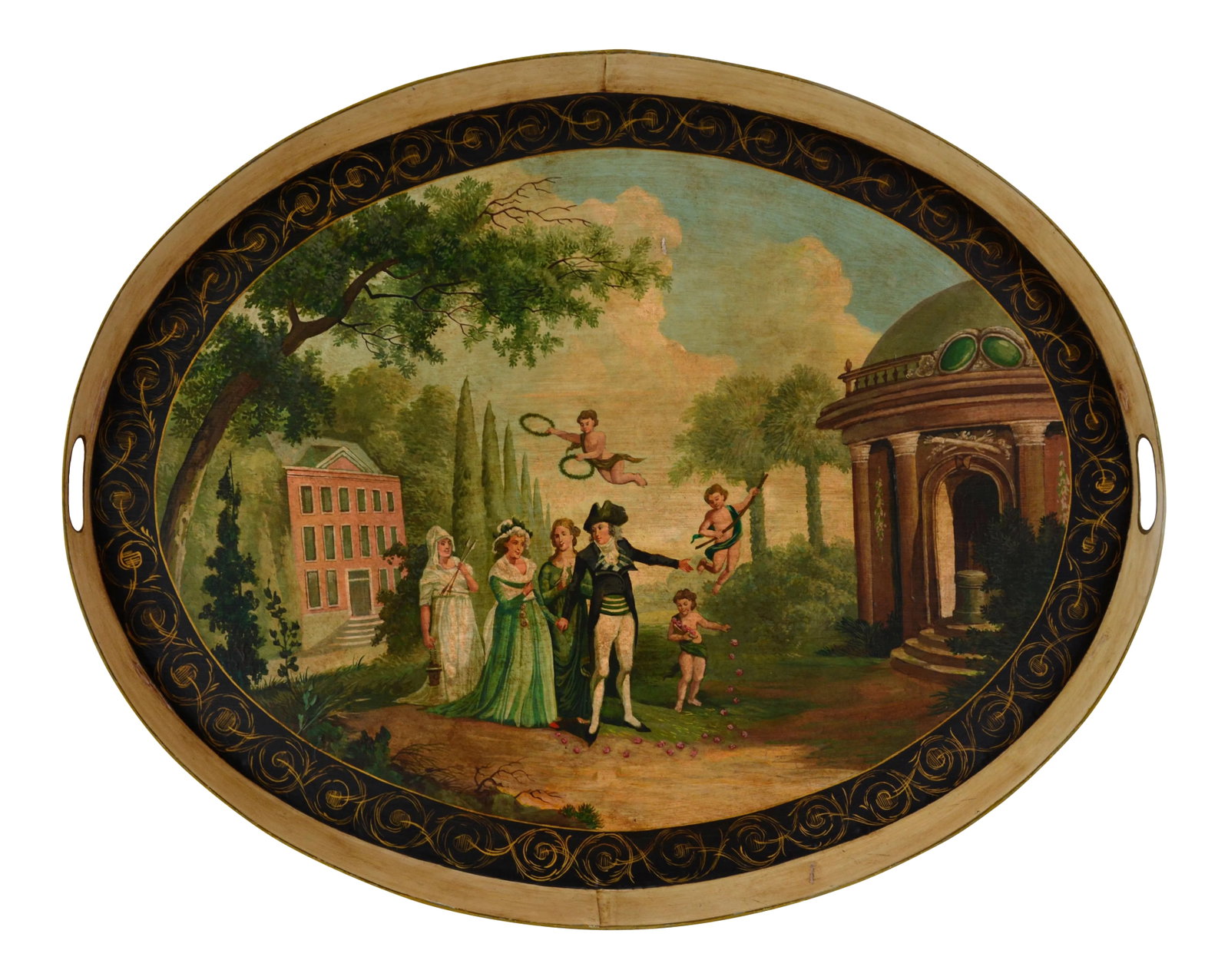 Vintage Hand-Painted British Landscape Decoration Oval Plate/Tray: Vintage hand-painted British landscape decoration oval plate. The artist hand-painted an 18th-century British wedding scene. Angels gathered around and sent blessings to the couple. This decorative pl