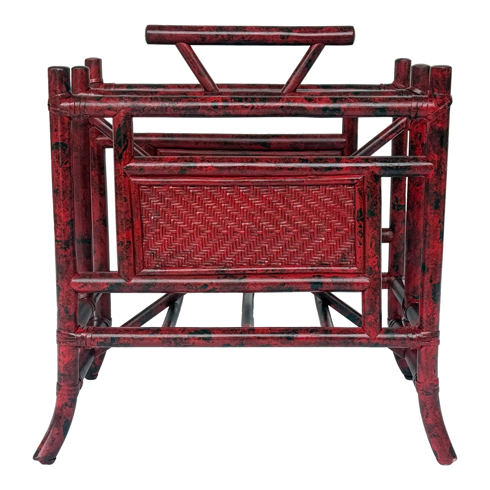 Vintage Vermillion Red Faux Tortoiseshell Pagoda Magazine Vinyl Record Rack - Newly Painted: Imagine adding a touch of elegance to your home with this stunning vintage pagoda magazine rack, beautifully reimagined in a rich vermillion faux tortoiseshell finish. This unique piece, crafted in ou