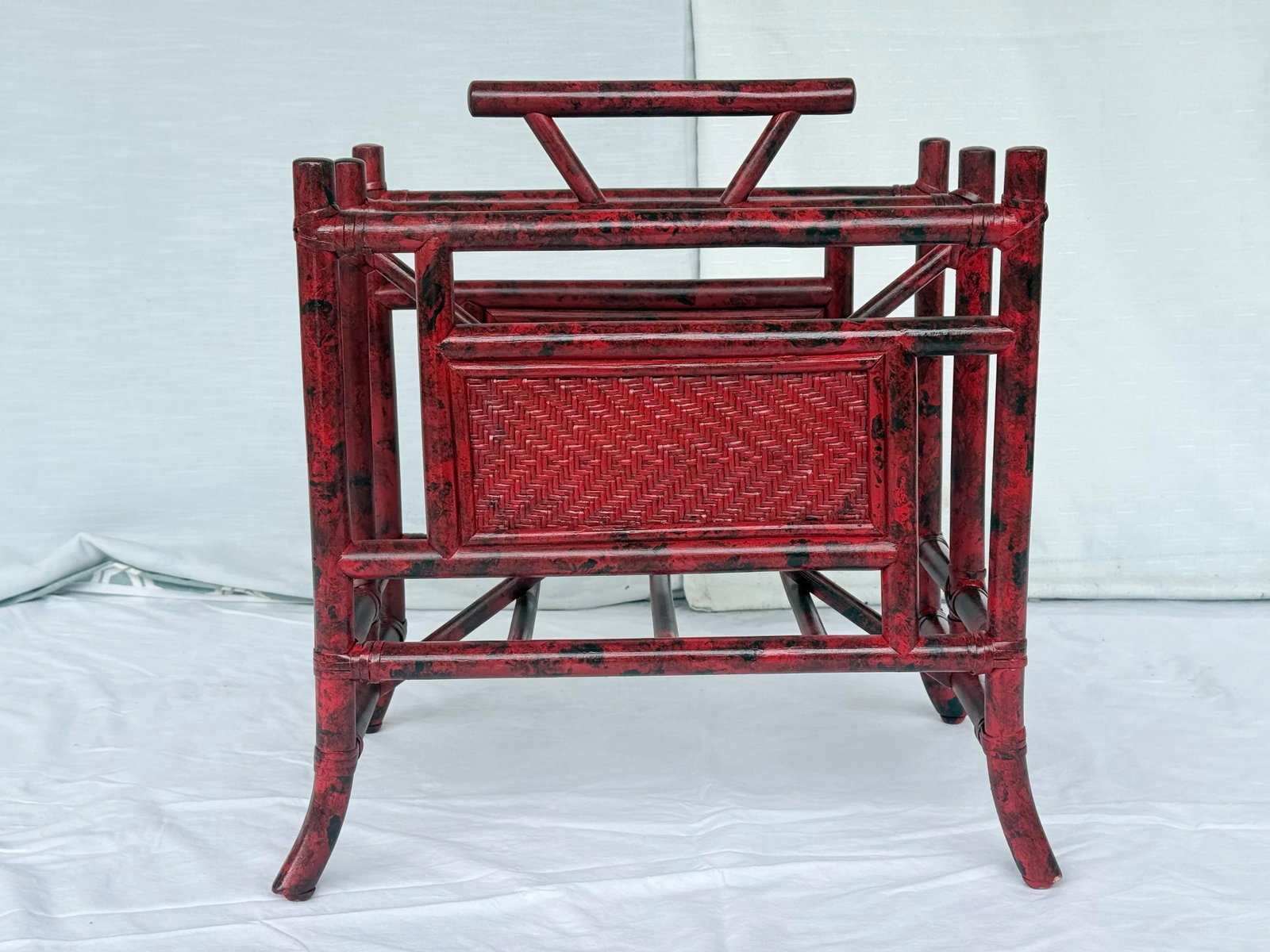 Vintage Vermillion Red Faux Tortoiseshell Pagoda Magazine Vinyl Record Rack - Newly Painted - 7