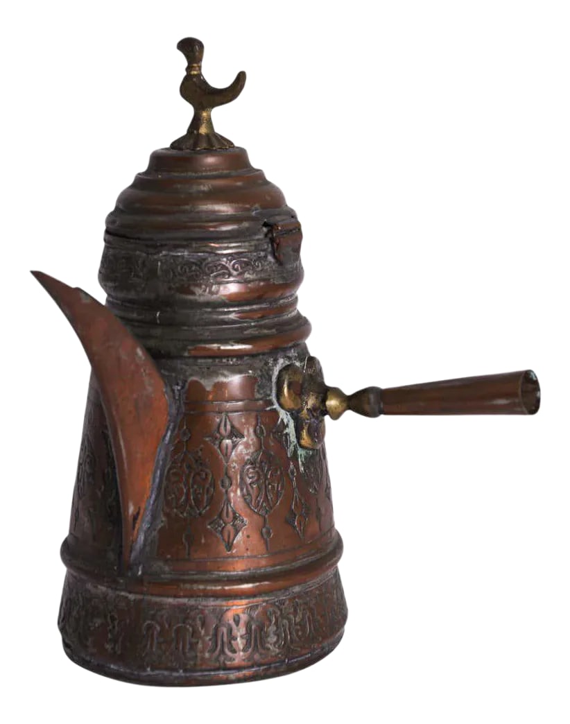 Middle Eastern Turkish Arabic Copper Dallah Coffee Pot: Middle Eastern Asian traditional Turkish ottoman copper Dallah coffee pot. Coffee pot hand-hammered and chased tinned copper with riveted brass finish and a very large spout. Small bird as final on