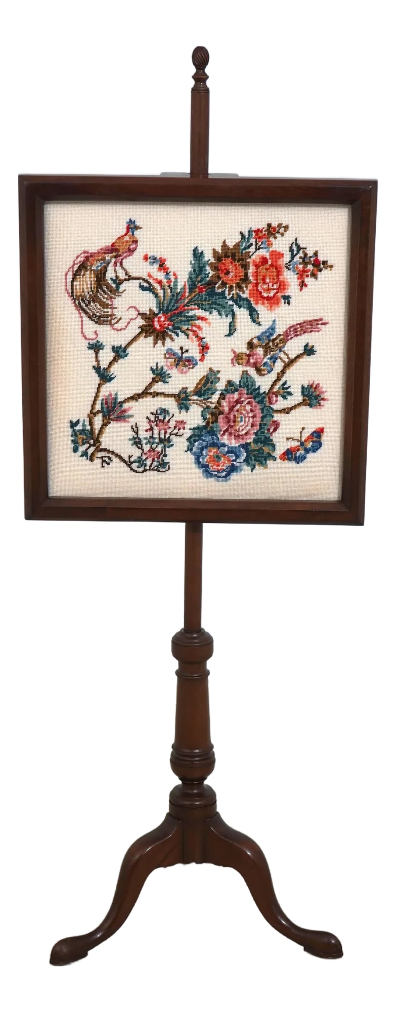 Kittinger Colonial Williamsburg Needlepoint Firescreen: Age: Approx: 50 Years Old Details: Previous Owner Made New Screen w. Needlepoint Insert Old Repair On Leg Screen Is Fixed & Not Adjustable Condition: Excellent Condition Size: 18w x 15d x 48h