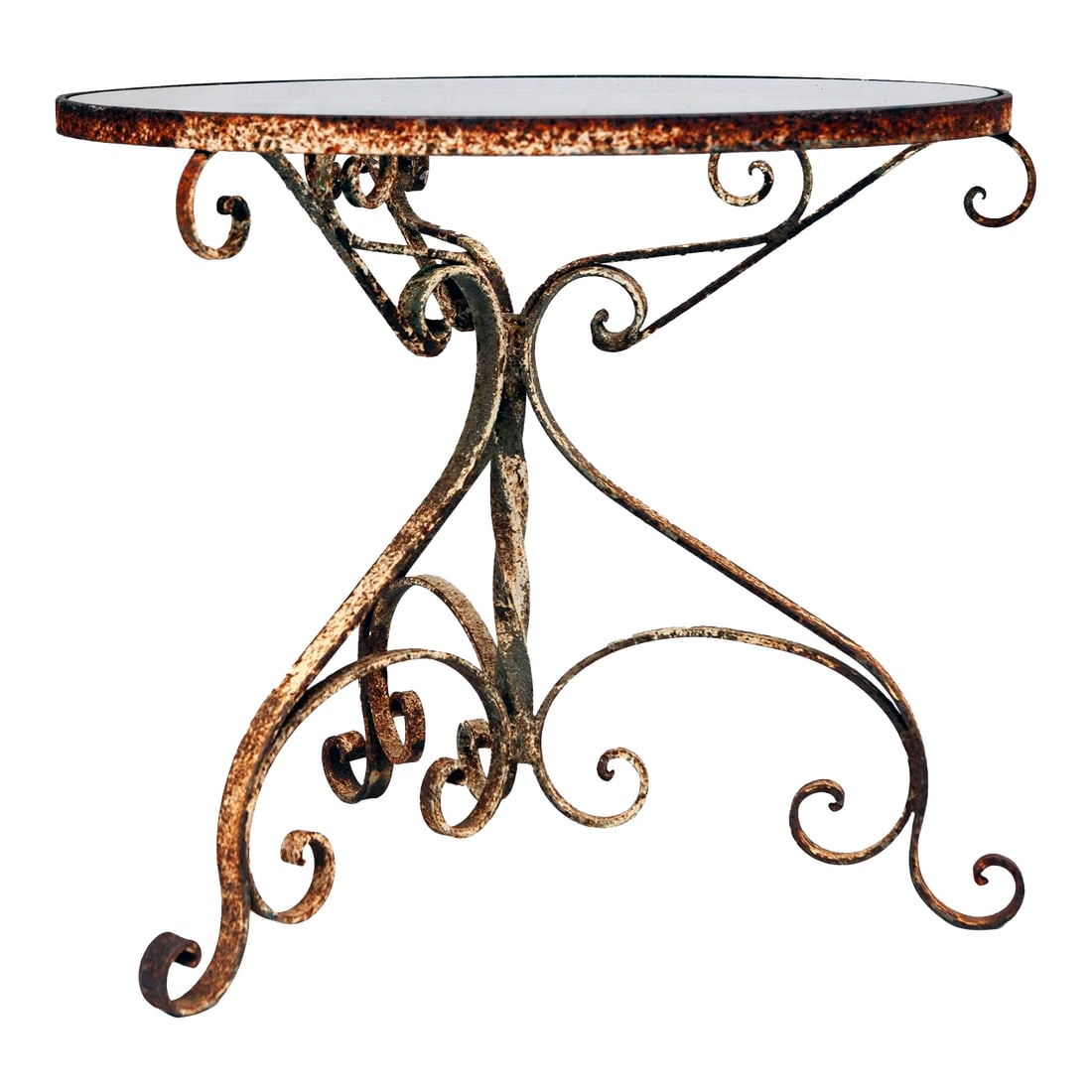 Antique Low Iron Garden Table: A Lovely Shabby Chic Style, Antique Low Iron Garden Side Table. Glass top. Original Rusty Patina with a matte clear coat to maintain the look. Condition: Alterations: Original Condition Unaltered