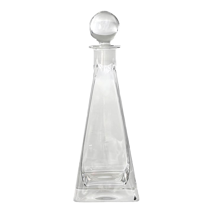 Murano Modernist Glass Decanter: Modernist Murano glass decanter signed and dated "Murano 96." Features a faceted ball stopper and bold pyramid silhouette in thick, clear Italian glass. Sculptural and functional. Excellent clarity wi