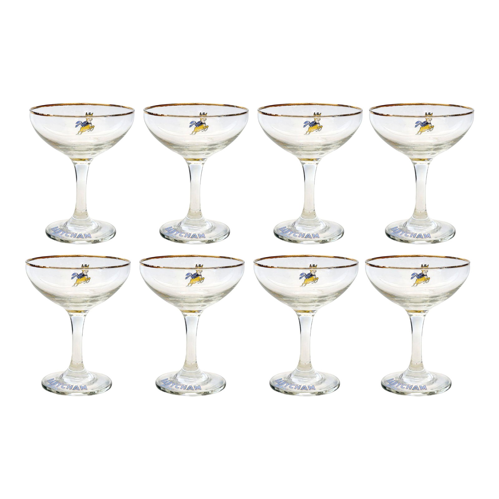 Midcentury Babycham Sparkling Wine/Champagne Stems: Celebrate in retro style with this set of eight Babycham sparkling wine or champagne coupes. Each glass features the iconic yellow deer and blue Babycham logo on the base, evoking nostalgia for the