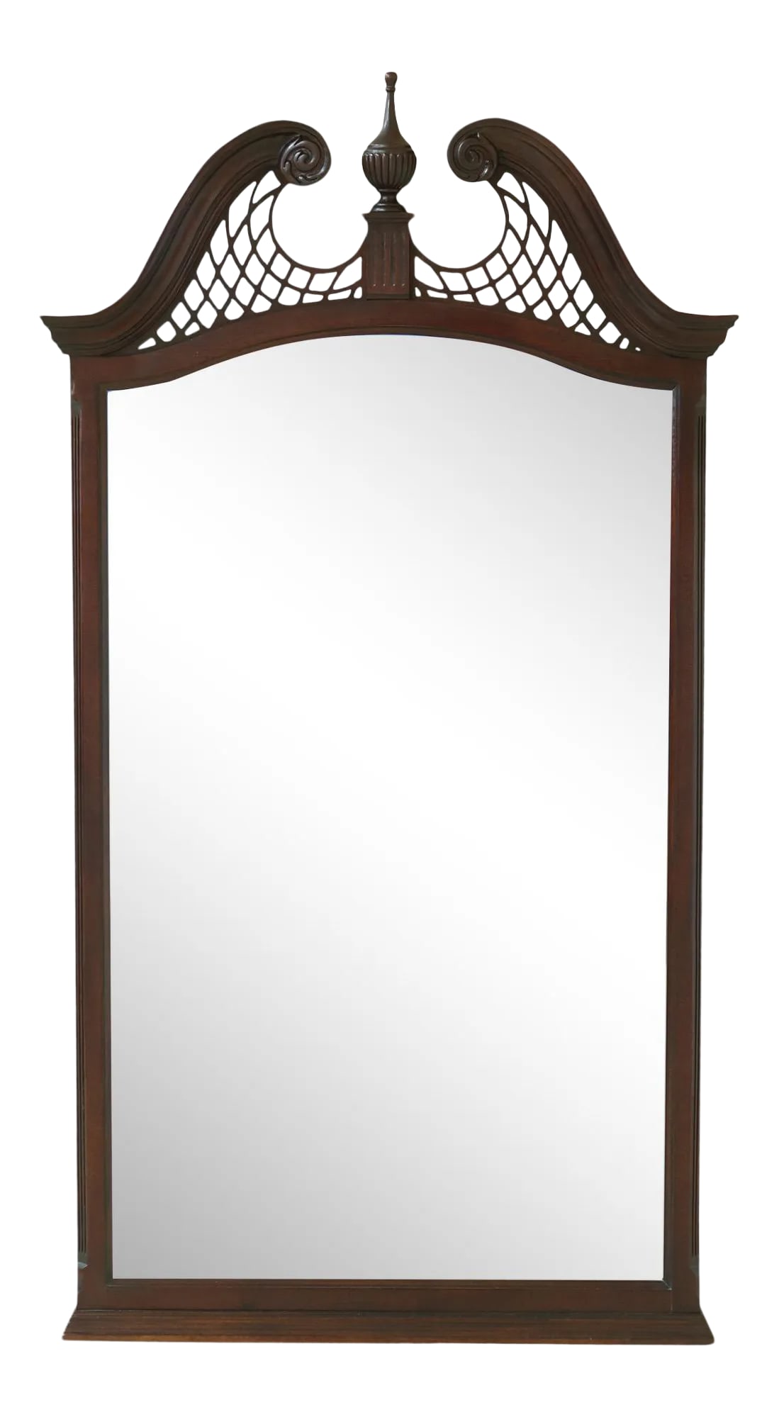 Drexel Heritage Chippendale Mahogany Beveled Glass Mirror: Approx: 20 Years Old Quality Construction Pediment Top w. Finial 18 C. Design Chippendale Style Nice PIerced Top See Other Offerings For Matching Bedroom Pieces Condition: Excellent Clean Original Fin