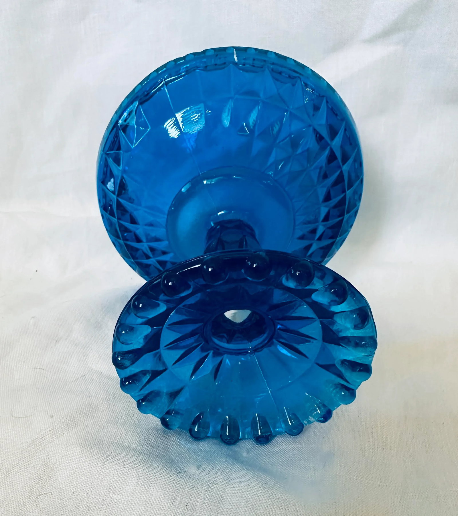 Vintage Fenton Diamond Glass Blue Candy Dish - 5