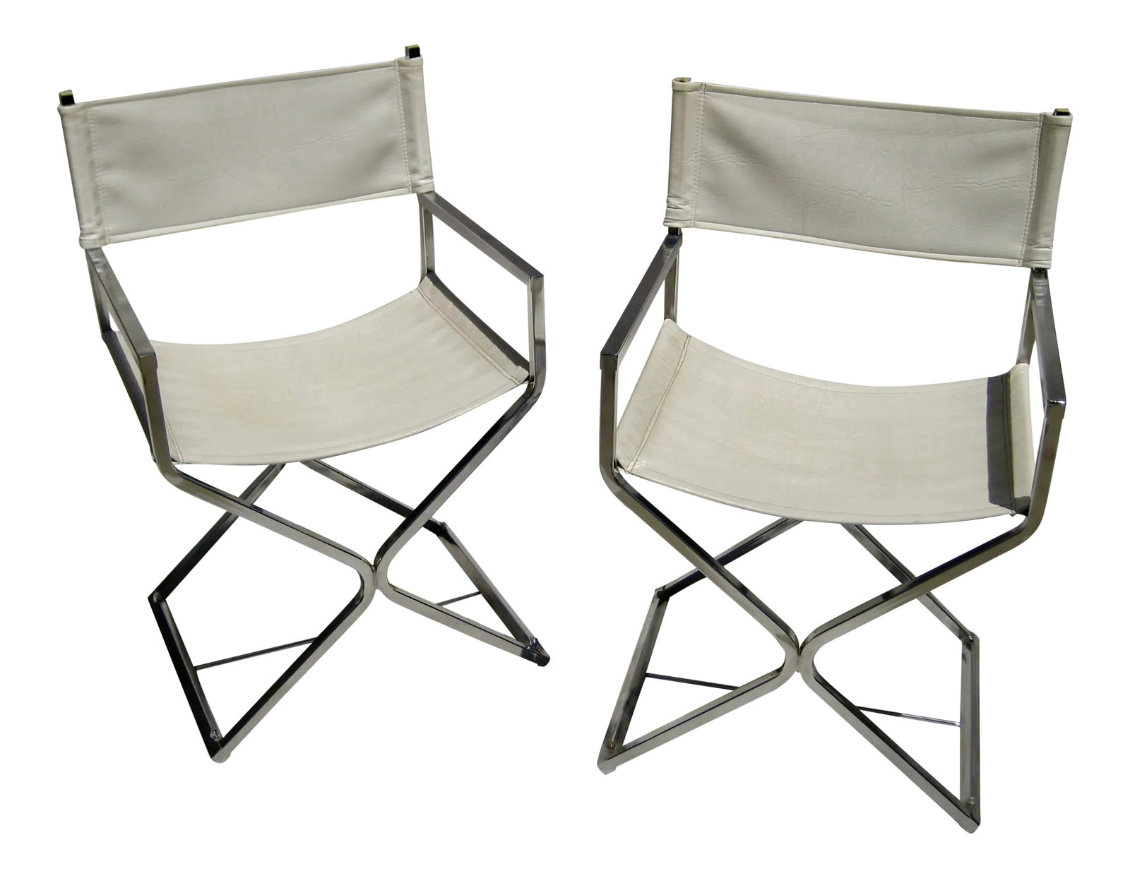Mid-Century Modern Milo Baughman Producer - Director Chrome Chairs - a Pair: In the house since 1967 those 2 chairs have the original white leather , and a nice chrome finish , convenient they can be easily moved and used anywhere , the design of course is from the famous desi
