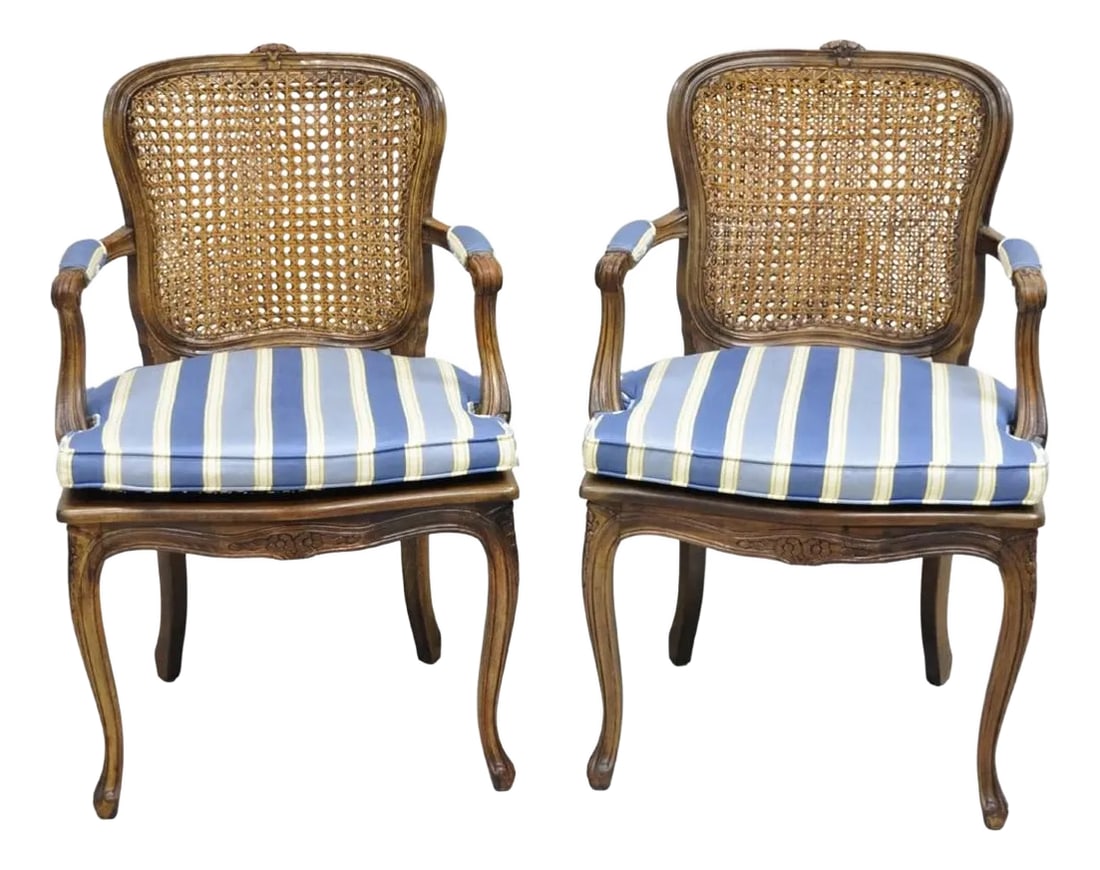 Mid 20th Century Vintage Ethan Allen Italy French Country Louis XV Cane Back Arm Chairs - A Pair: Vintage Ethan Allen Italy French Country Louis XV Style Cane Back Arm Chairs - a Pair. Circa Mid 20th Century. Measurements: 36" H x 22.5" W x 22.5" D x 20" Seat height x 27.5" Arm height. Condition: 