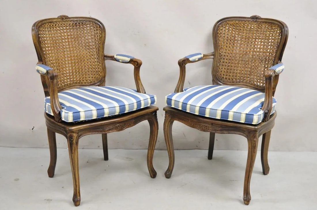 Mid 20th Century Vintage Ethan Allen Italy French Country Louis XV Cane Back Arm Chairs - A Pair - 2