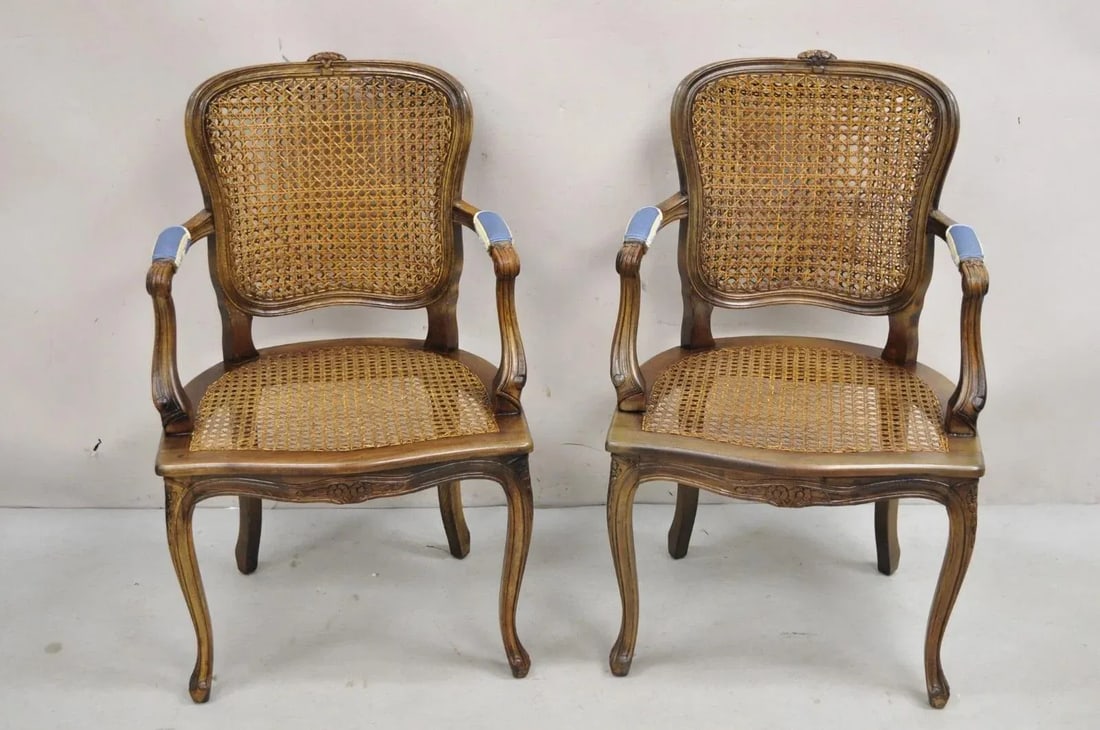 Mid 20th Century Vintage Ethan Allen Italy French Country Louis XV Cane Back Arm Chairs - A Pair - 3