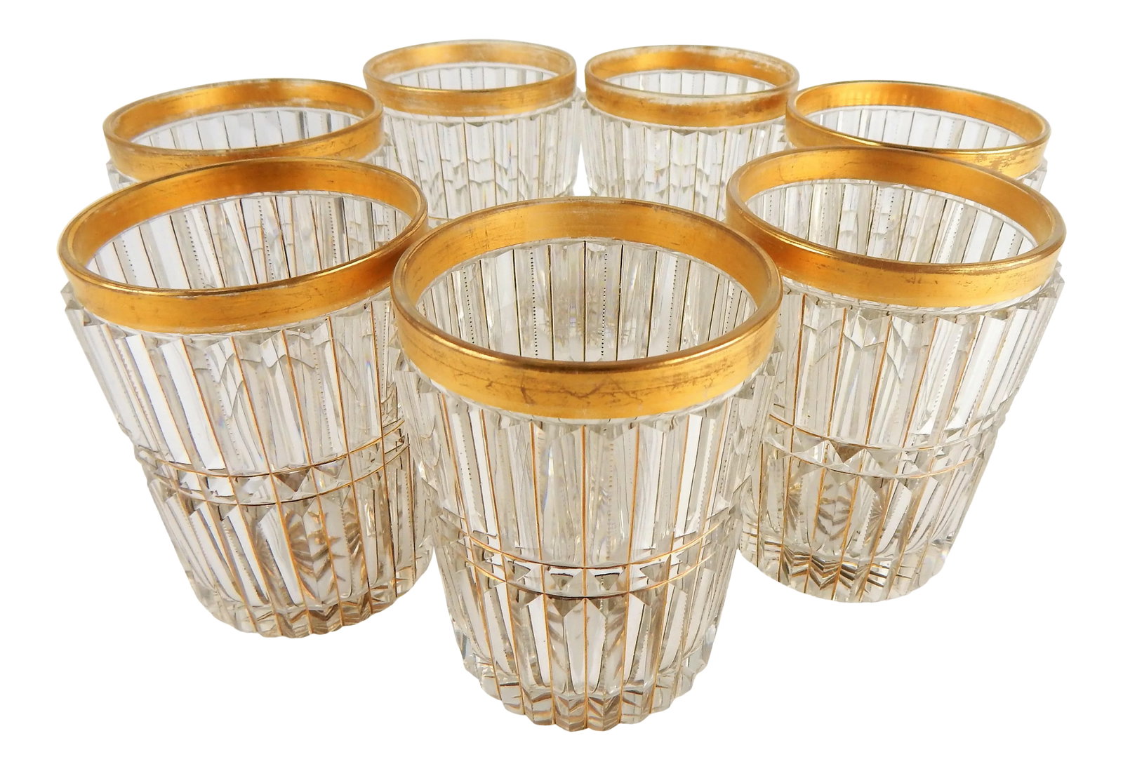Antique Cut Crystal & Gilt Lowball Glasses, S/7: Exceptional set of 7 antique cut crystal lowball glasses with gilding. Fantastic detailed cut crystal design, stippling and gilding, (see photos). Minor wear to gilding. No maker's mark. Condition: