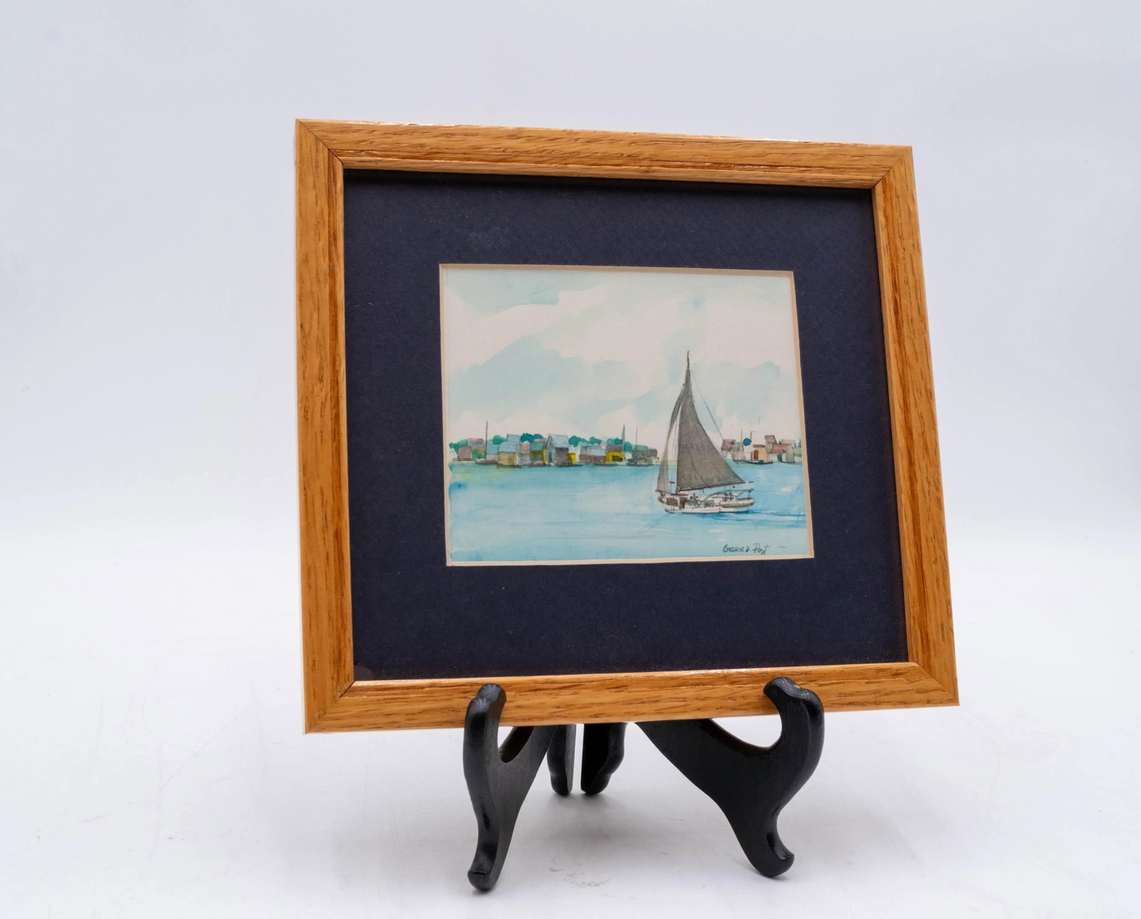 Pair of Nautical Watercolor Fishing Boat Sailboat Paintings Signed George D Post - 2