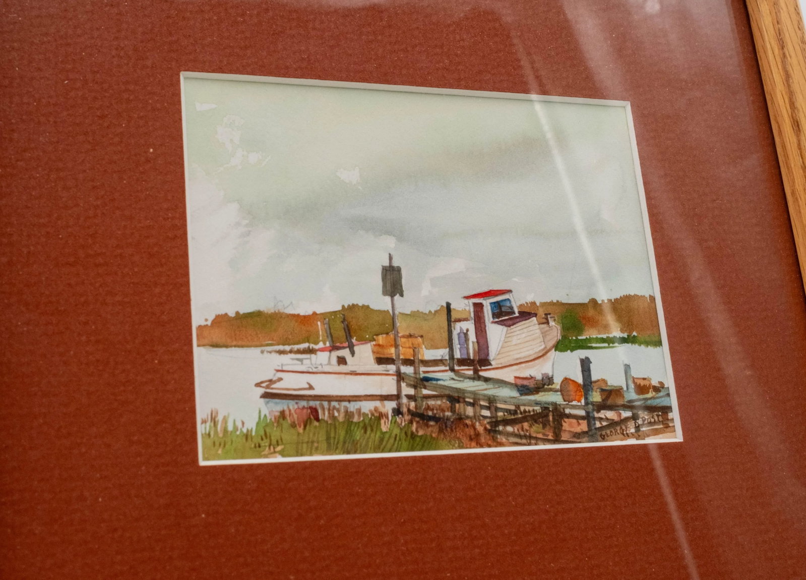 Pair of Nautical Watercolor Fishing Boat Sailboat Paintings Signed George D Post - 5