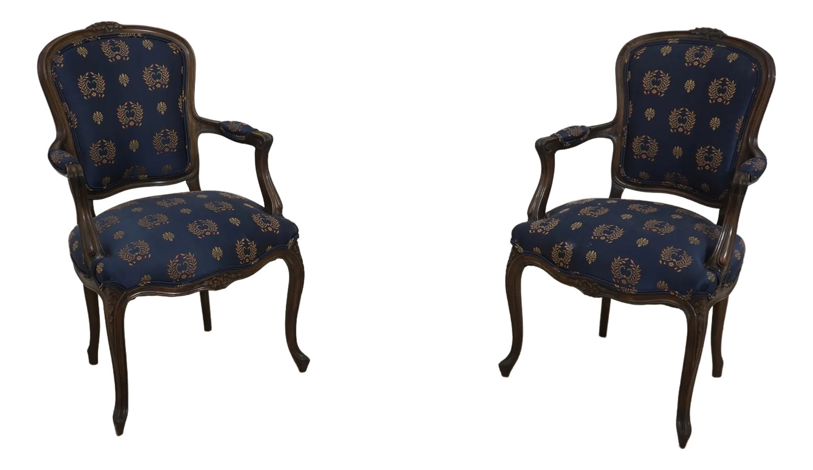 Pair Vintage French Louis XV Style Open Arm Upholstered Chairs: Age: C.1930s Details: Chairs Were Reupholstered Approx. 20 Years Ago Fine Carved Details French Style Walnut Finish Condition: Excellent Condition - Minor Signs Of Light Household Use-Age Minor Light